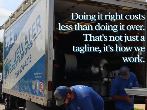 Bluewater Exteriors. Doing it right costs less than doing it over. That's not just a tagline, it's how we work. Picture of Bluewater Exteriors crew members loading items into a truck.
